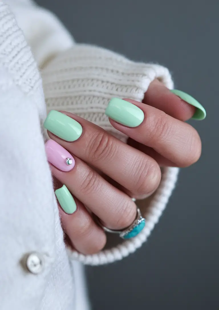 simple summer nails+Mint & Pink Combo with a Crystal Accent