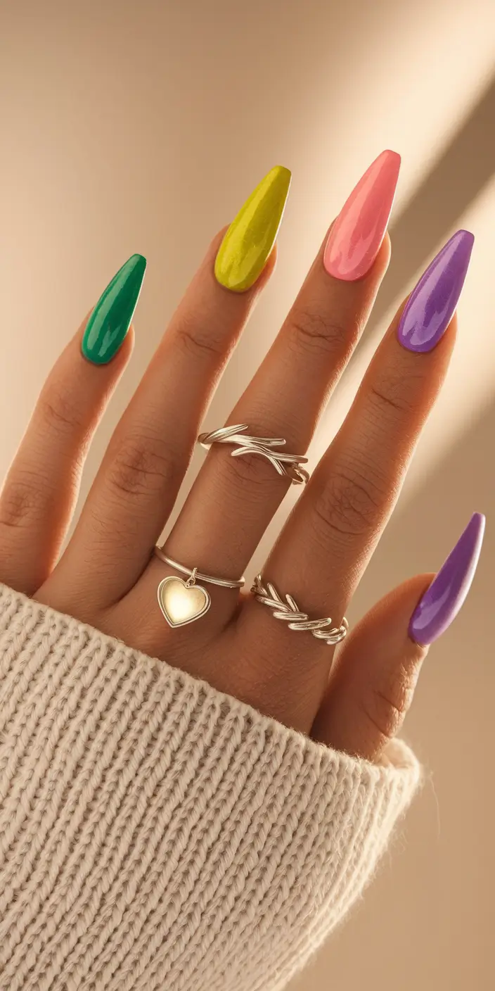 simple summer nails ideas 2025 Glossy Rainbow for Color-Lovers