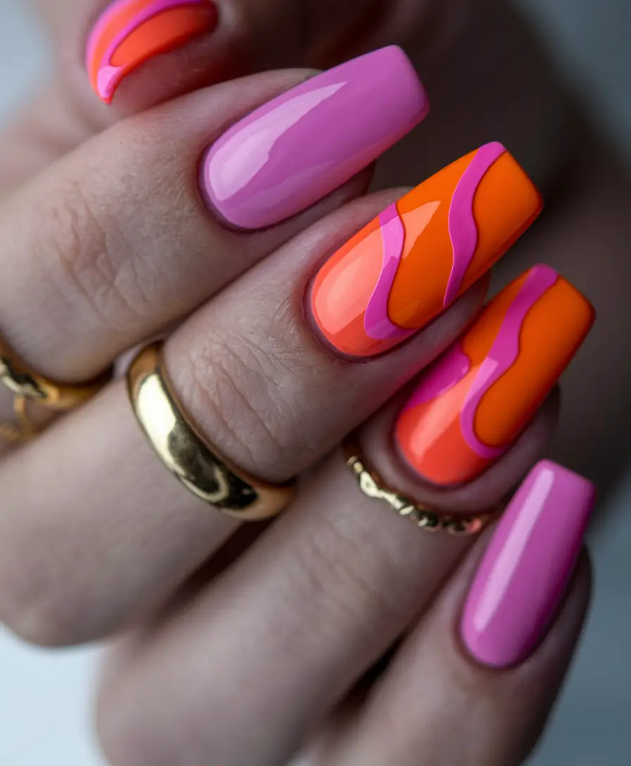 simple summer nails ideas 2025 Pink and Orange Pop with Graphic Fire