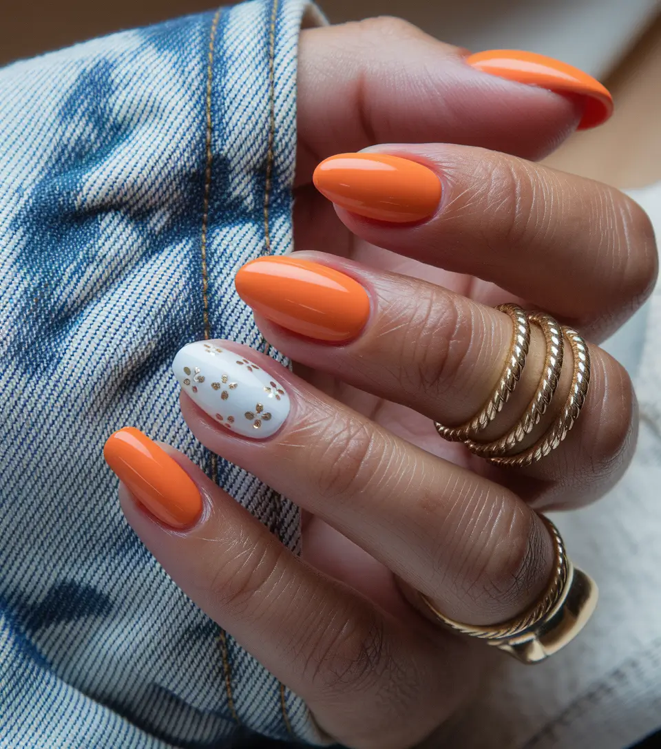 simple summer nails ideas 2025 Orange Creamsicle with Floral Accent