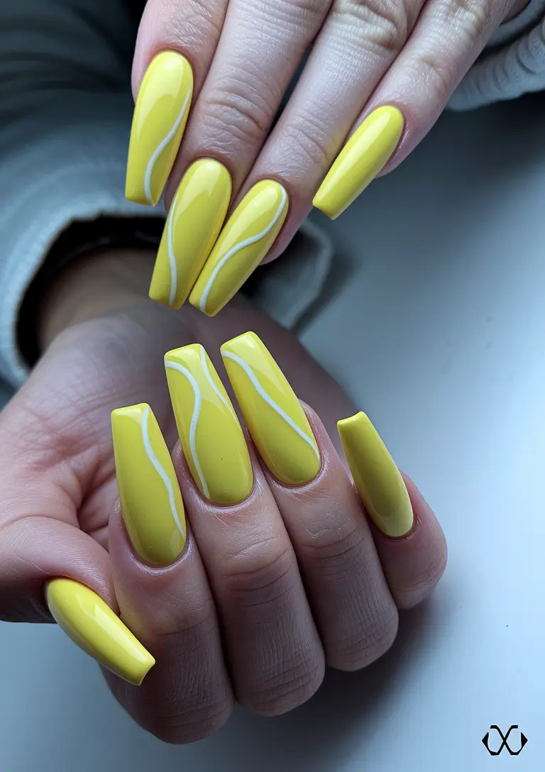 simple summer nails ideas 2025 Sunshine Yellow with Minimalist Waves