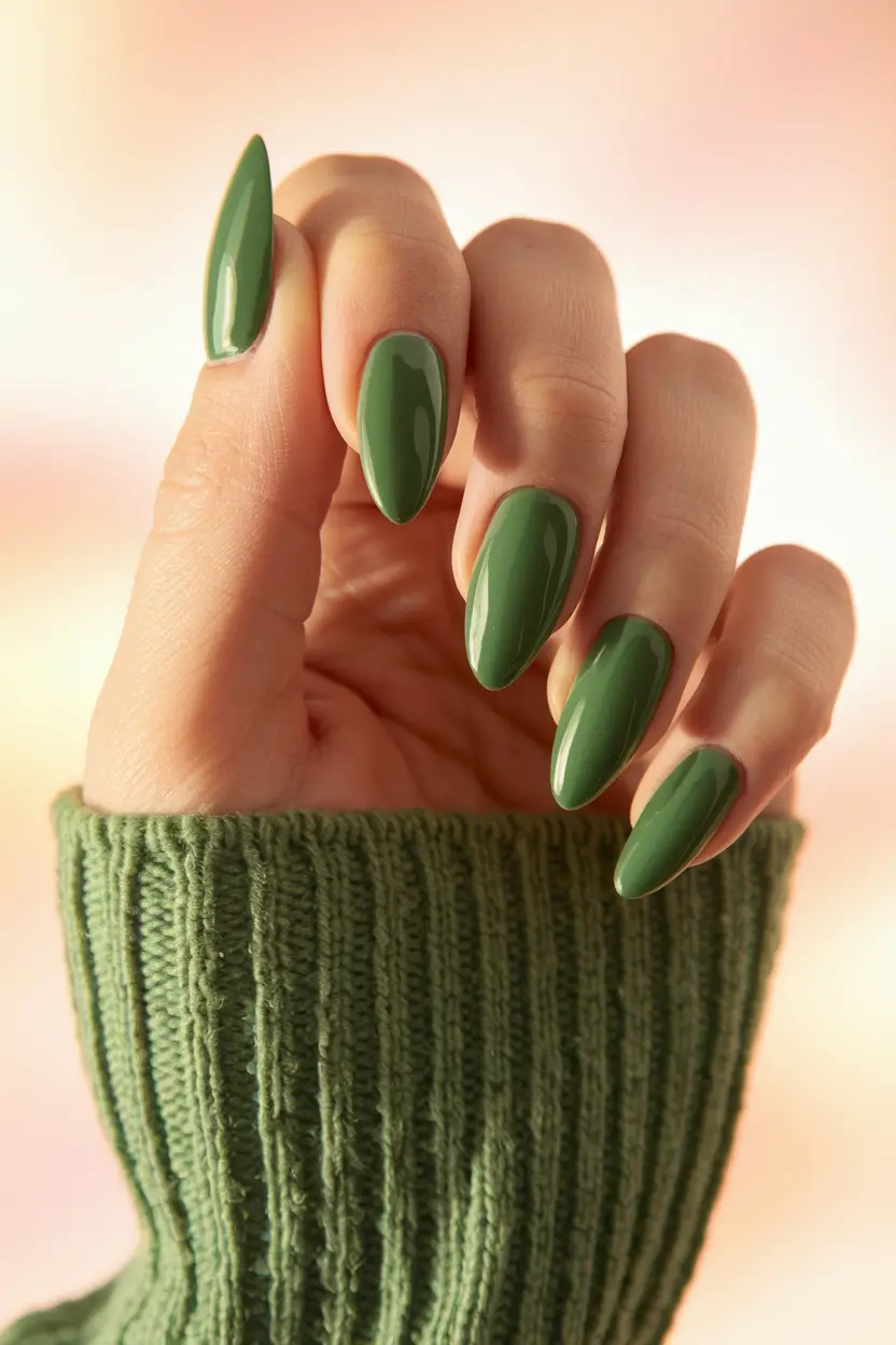 simple summer nails ideas 2025 Earthy Olive with Almond Shape Calm
