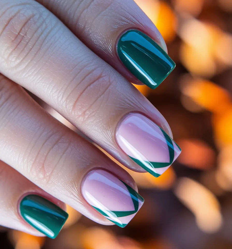 simple summer nails ideas 2025 Geometric Chic with a Touch of Forest Green