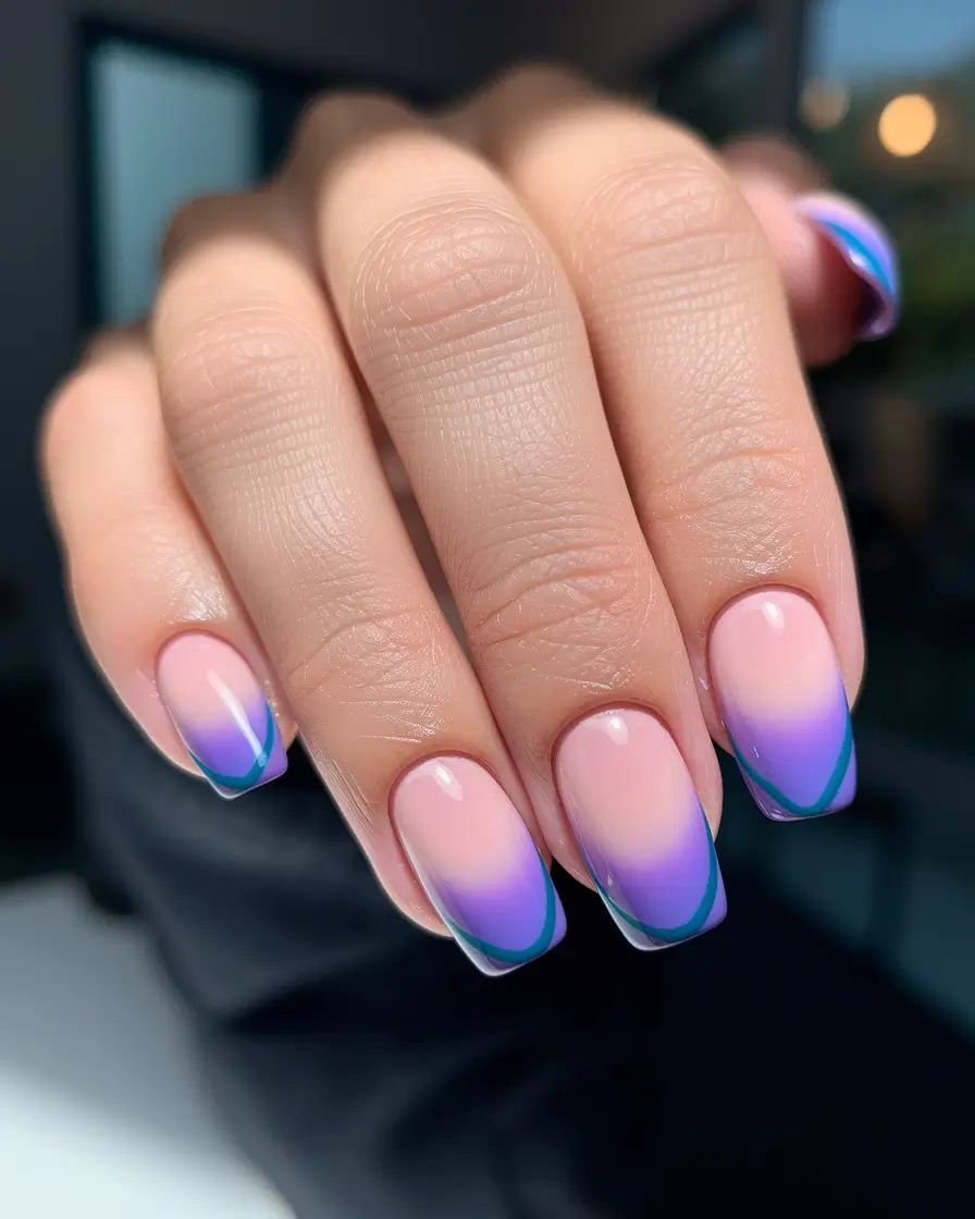 simple summer nails ideas 2025 Sunset French Fade with Blue Contour