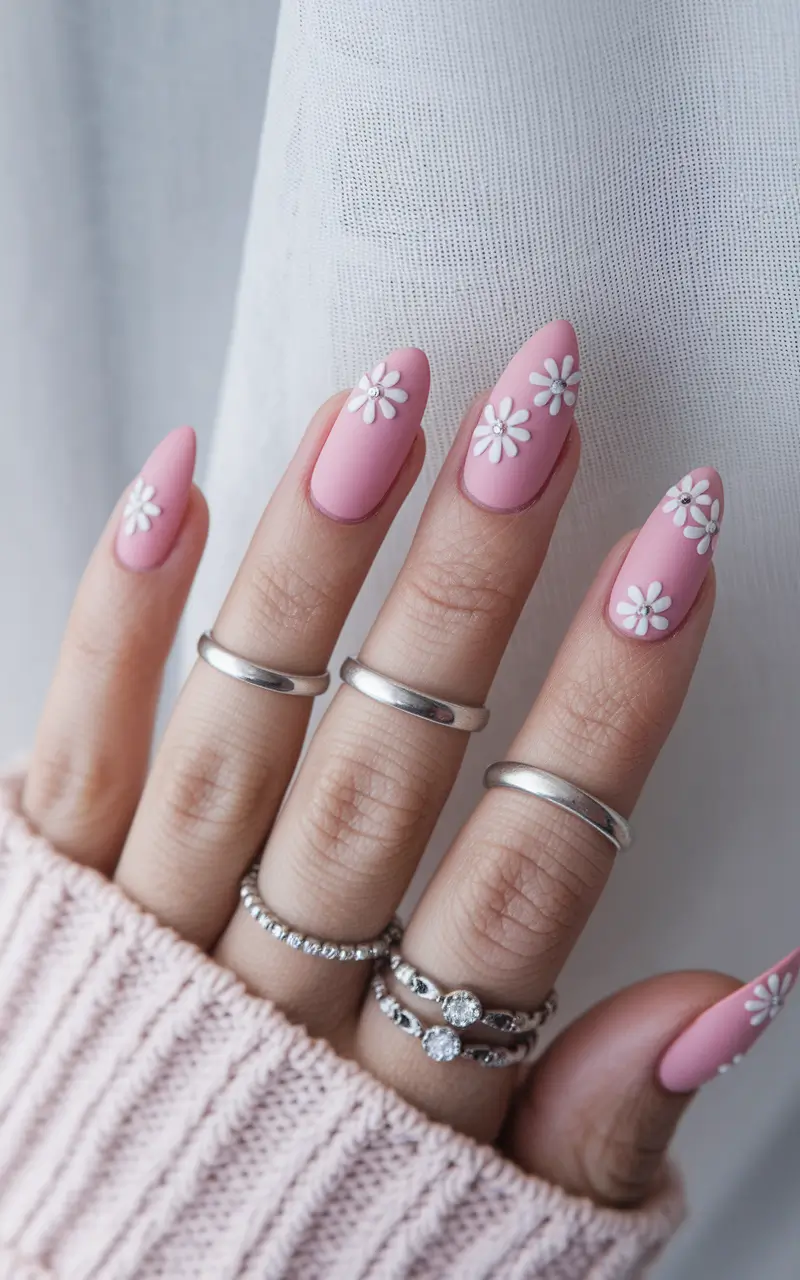 simple summer nails ideas 2025 Playful Pink Matte with Daisies