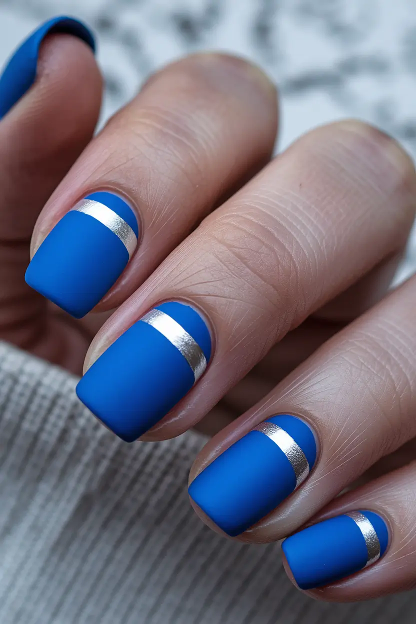 simple summer nails ideas 2025 Matte Royal Blue with Chrome Stripe