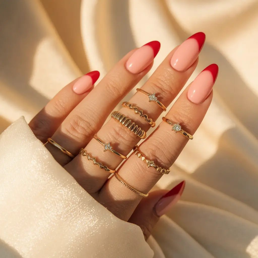 simple summer nails ideas 2025 Cherry-Tipped French for Almond Nails