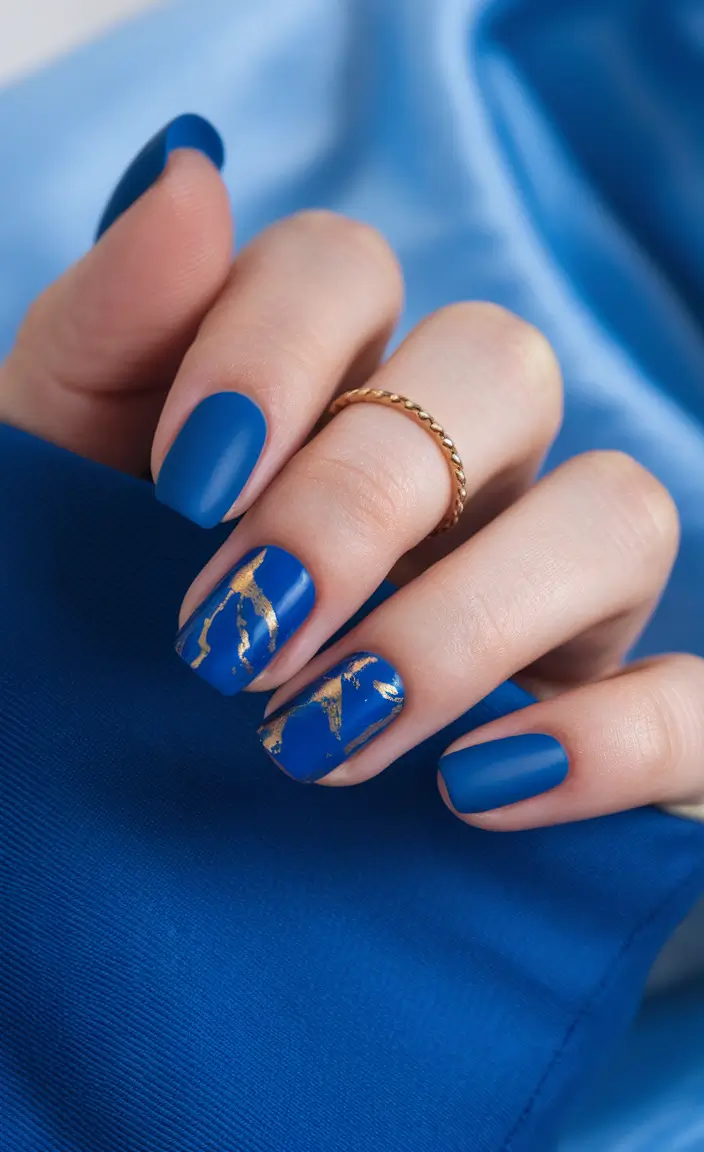 summer nails color ideas 2025 Royal Blue and Gold for a Bold Summer Statement