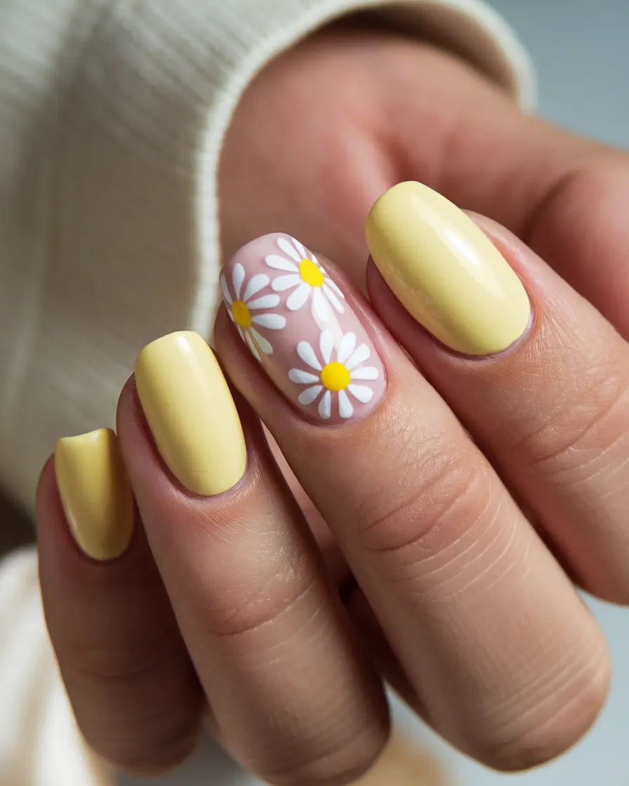 summer nails color ideas 2025 Sunny Yellow and Daisies for a Fresh Summer Look