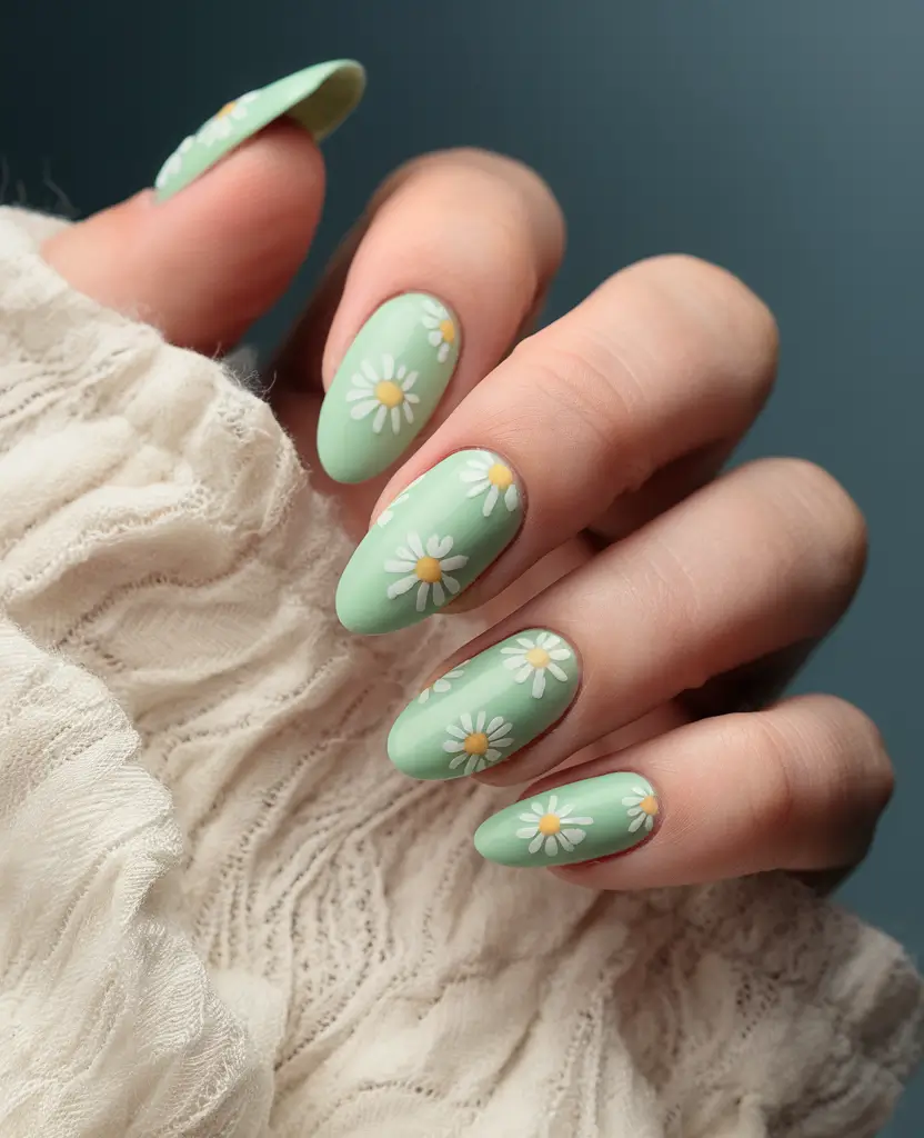 summer nails color ideas 2025 Mint Green and Daisies for a Soft Retro Vibe