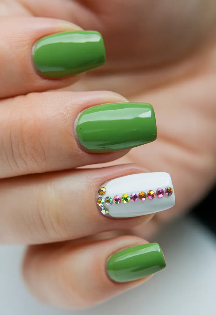 summer nails color ideas 2025 Bold Green and White Bling for a Pop of Glam