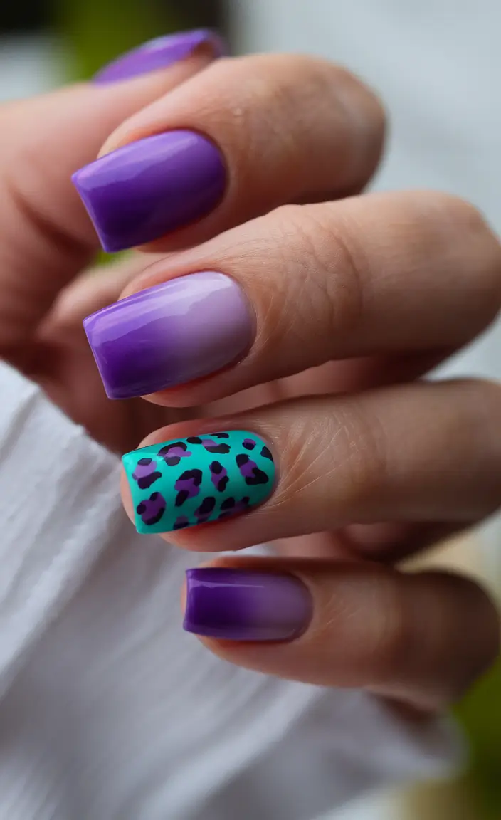 summer nails color ideas 2025 Purple Ombre and Leopard Print for a Wild Summer Style