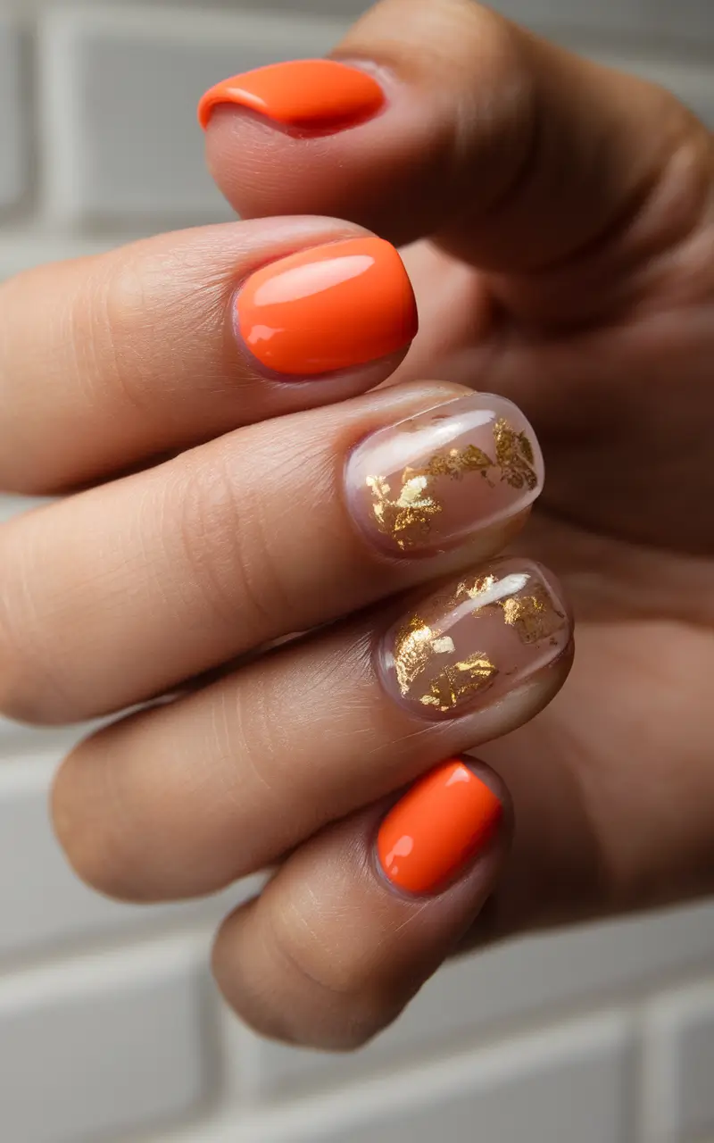 summer nails color ideas 2025 Orange and Gold Foil for a Bold Statement