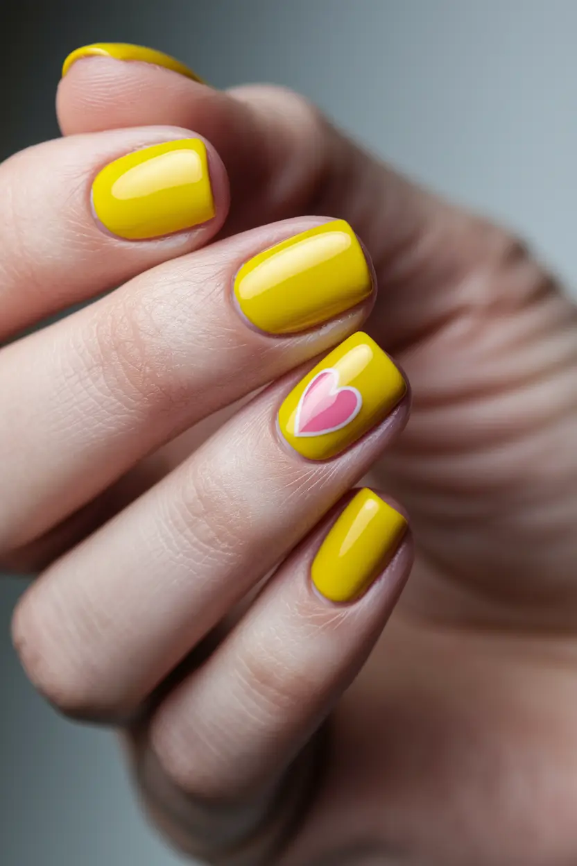 summer nails color ideas 2025 Sunny Yellow and Heart Accent for a Sweet Summer Touch