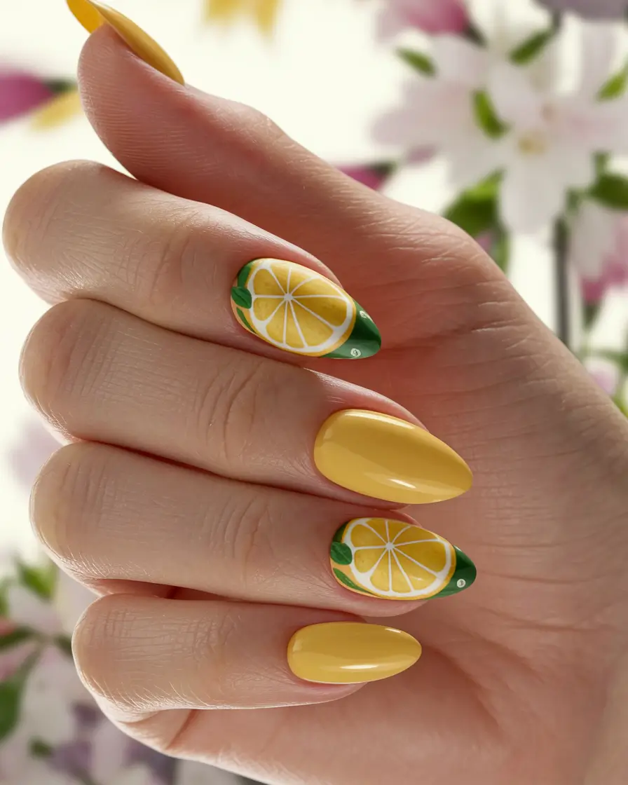 summer nails color ideas 2025 Lemon Slice Art for a Fresh Citrus Vibe