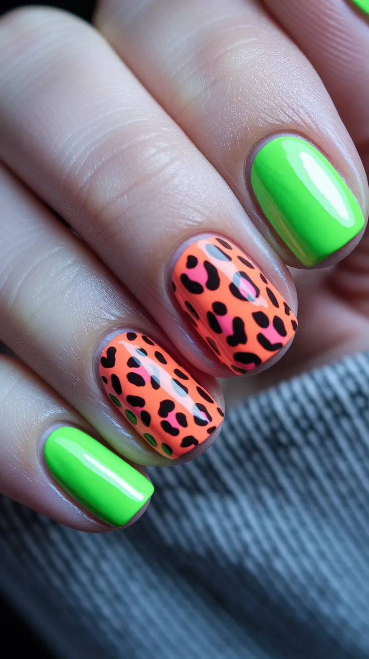 summer nails color ideas 2025 Neon Green and Leopard Print for a Bold Jungle Vibe