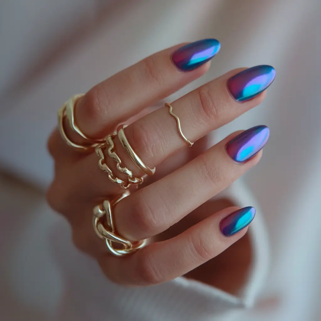 summer nails color ideas 2025 Metallic Blue Chrome for a Futuristic Edge