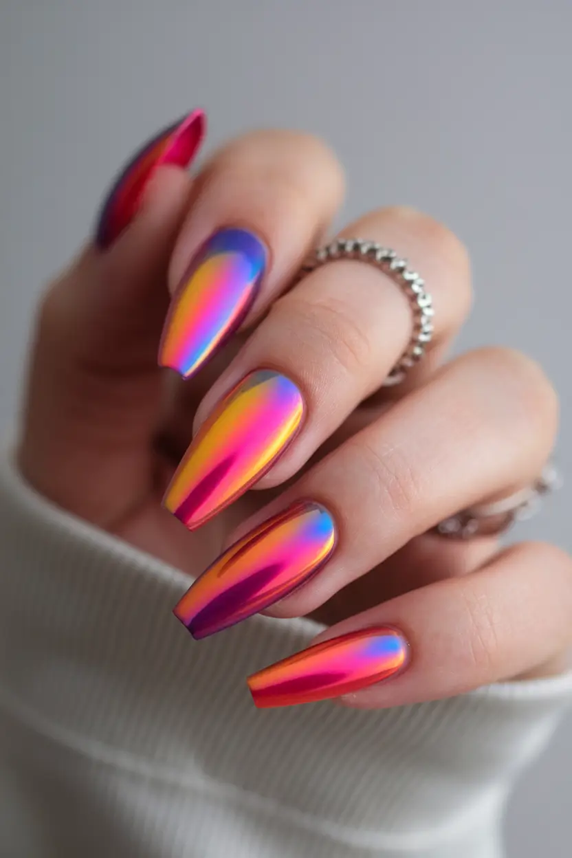 summer nails color ideas 2025 Multicolored Chrome Ombre for a Bold Statement