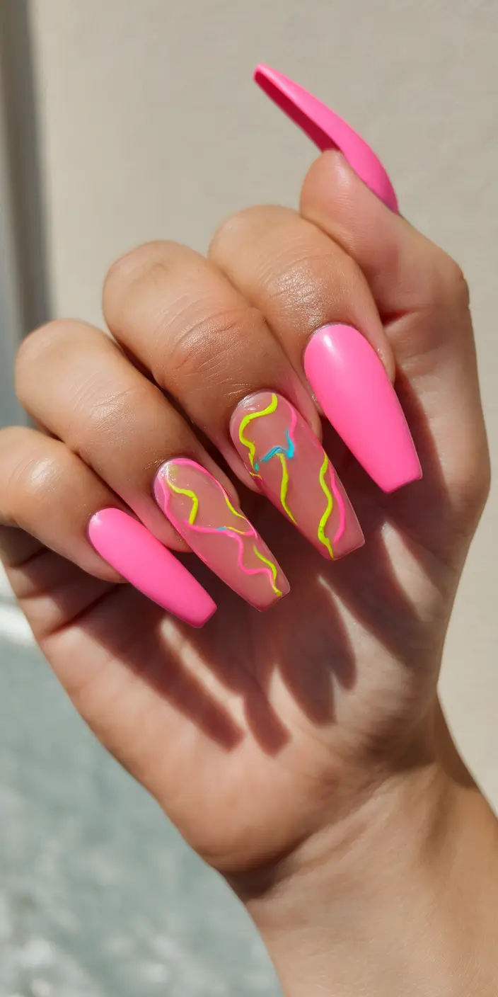 summer nails color ideas 2025 Neon Pink and Wavy Accents for a Bold Summer Vibe
