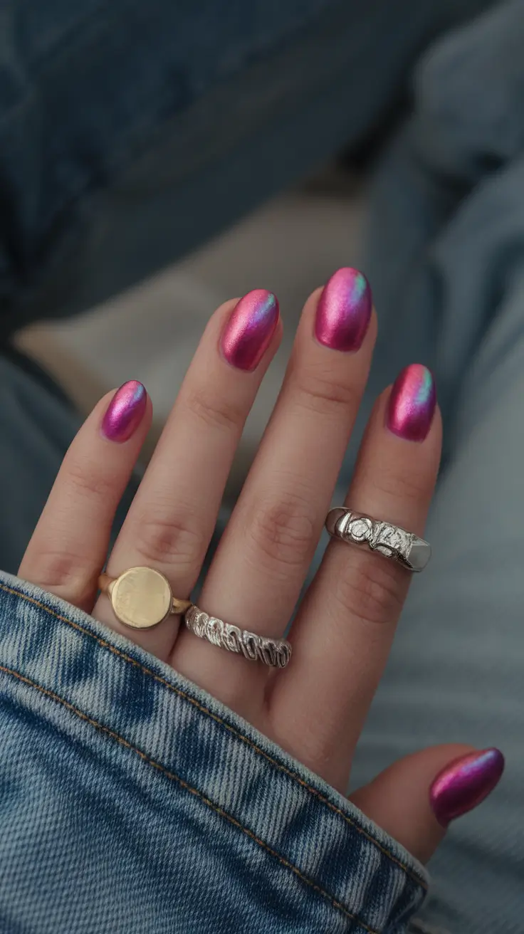 summer nails color ideas 2025 Metallic Pink Chrome for a Sleek and Modern Look