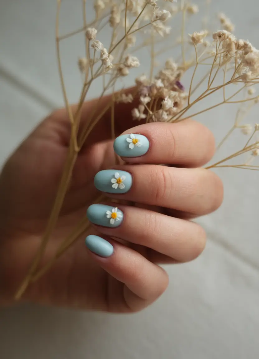 summer nails color ideas 2025 Soft Blue Daisies for a Delicate Summer Look