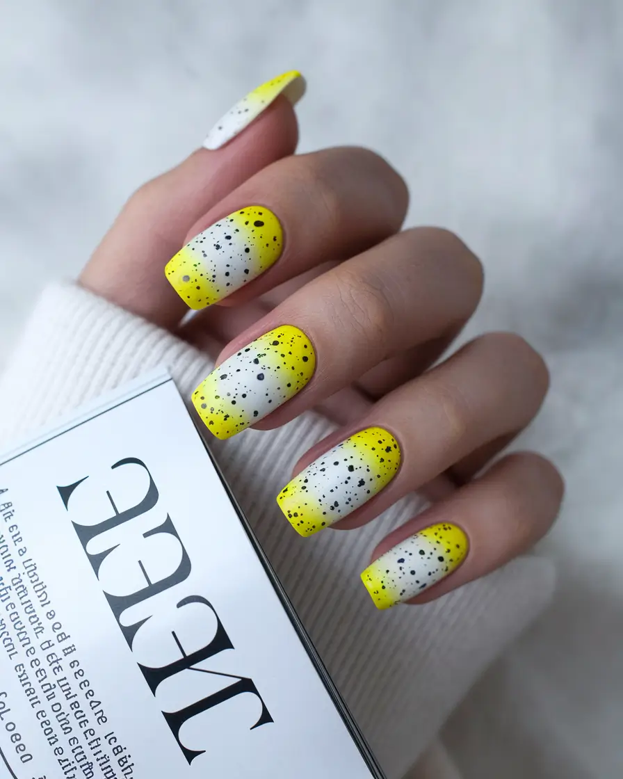 trendy summer nails ideas 2025 Sun-Drenched Yellow with Speckle Art