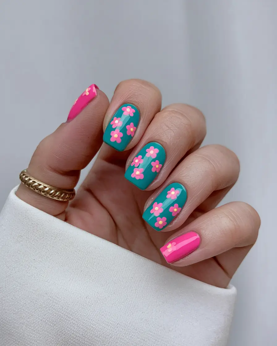 trendy summer nails ideas 2025 Daisy Field Pop on Aqua & Hot Pink