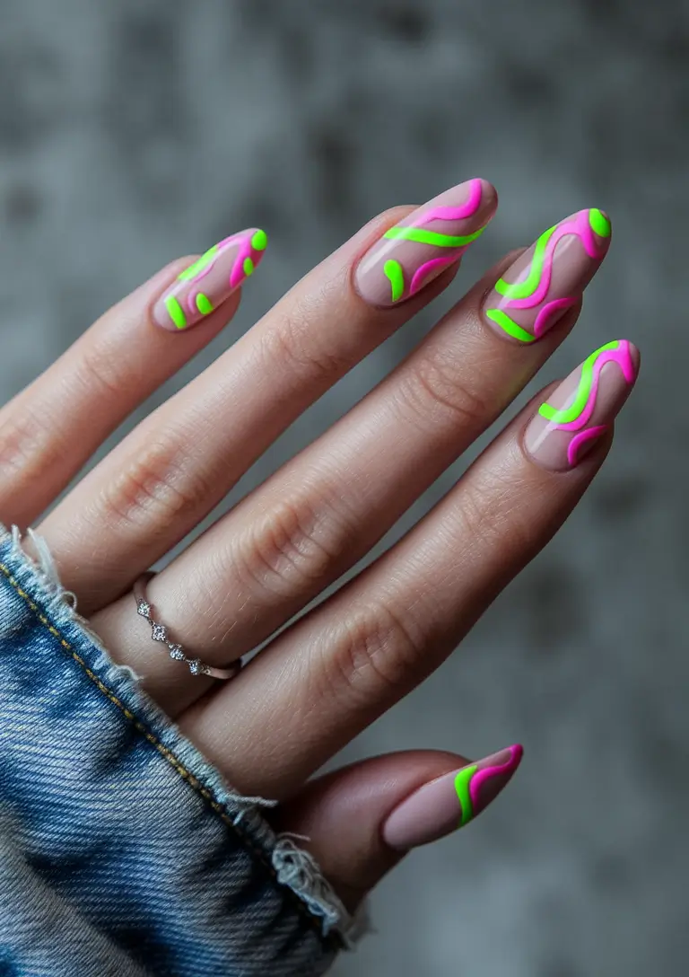trendy summer nails ideas 2025 Neon Swirls on Nude Almond