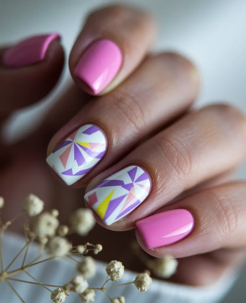 trendy summer nails ideas 2025 Geometric Pastel Spin with Glossy Pink