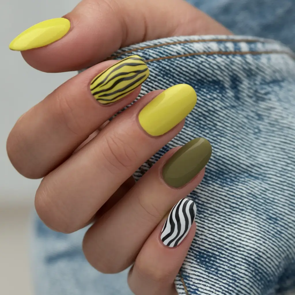 trendy summer nails ideas 2025 Yellow Jungle Vibes with a Zebra Finale