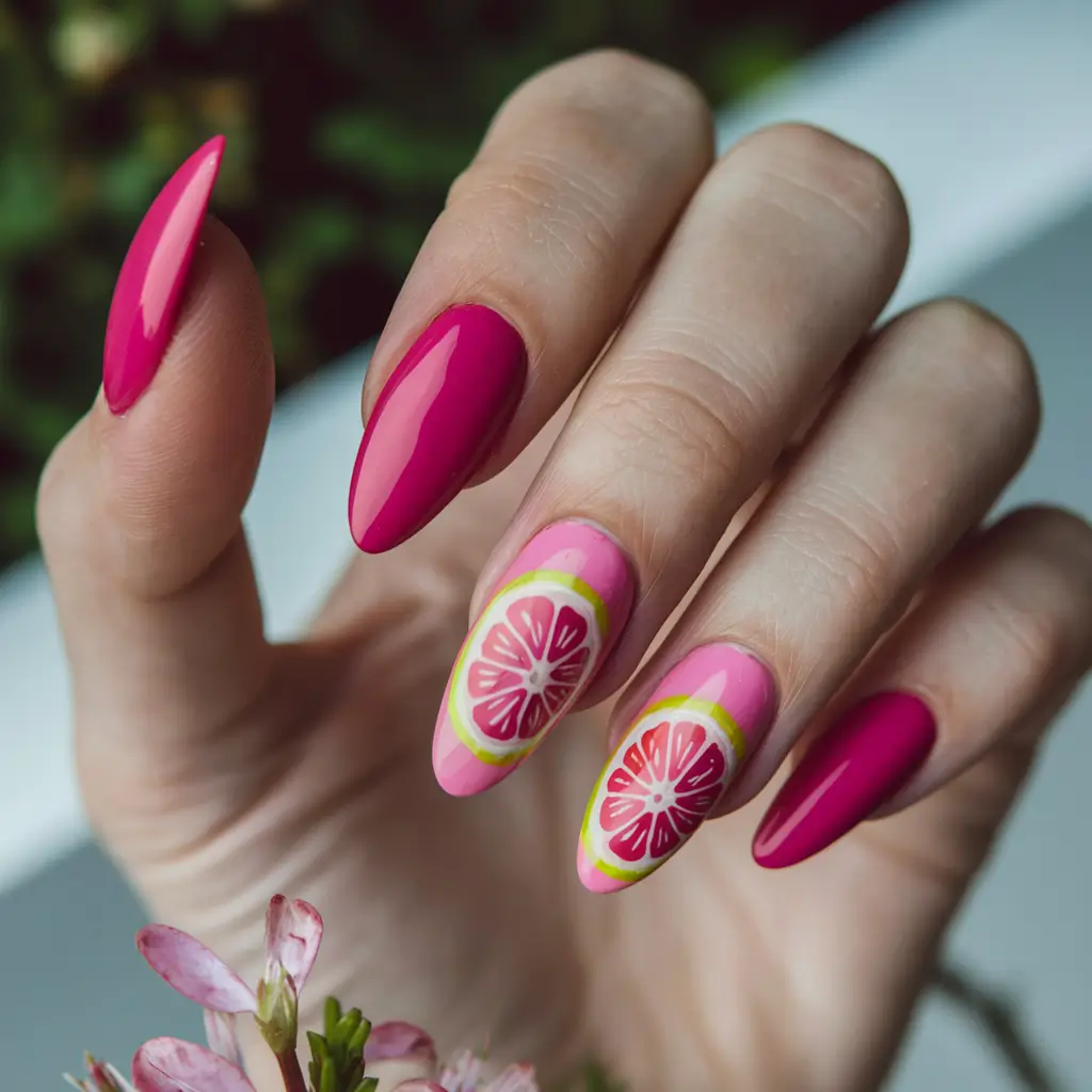 trendy summer nails ideas 2025 Fuchsia Grapefruit with Zesty Personality