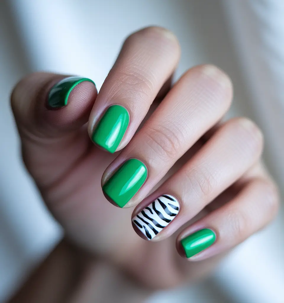 trendy summer nails ideas 2025 Emerald Pop with Monochrome Safari
