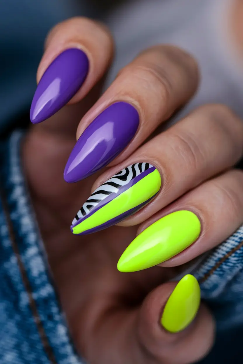 trendy summer nails ideas 2025 Zebra Meets Neon on Almond Violet