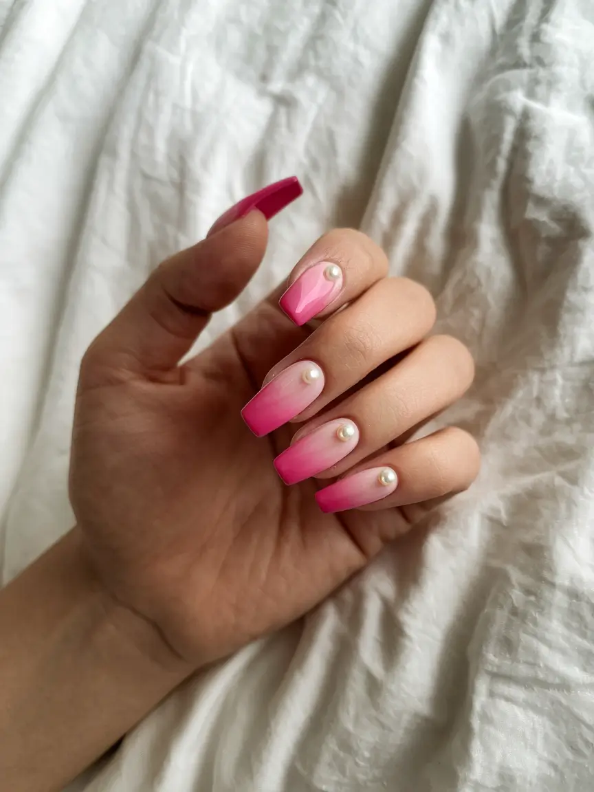 trendy summer nails ideas 2025 Blush Ombré with Pearls