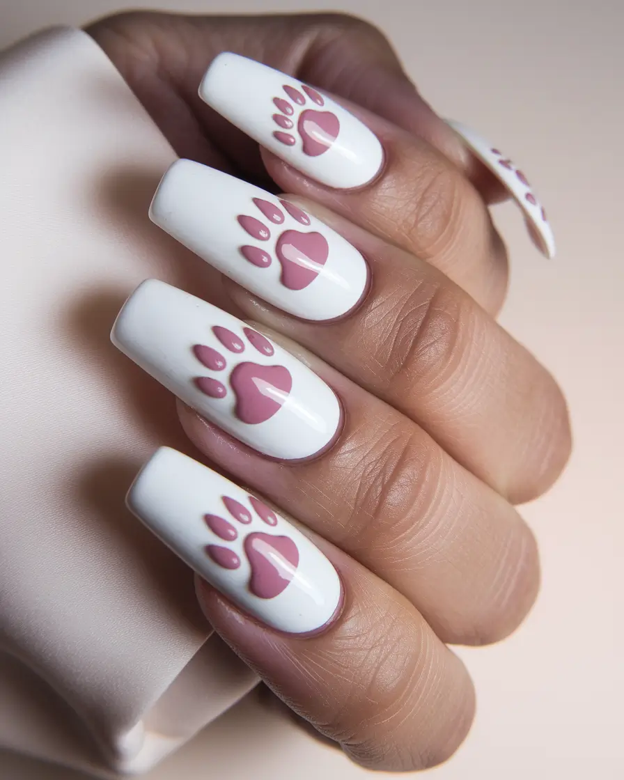 trendy summer nails ideas 2025 White Square with Blush Paw Prints