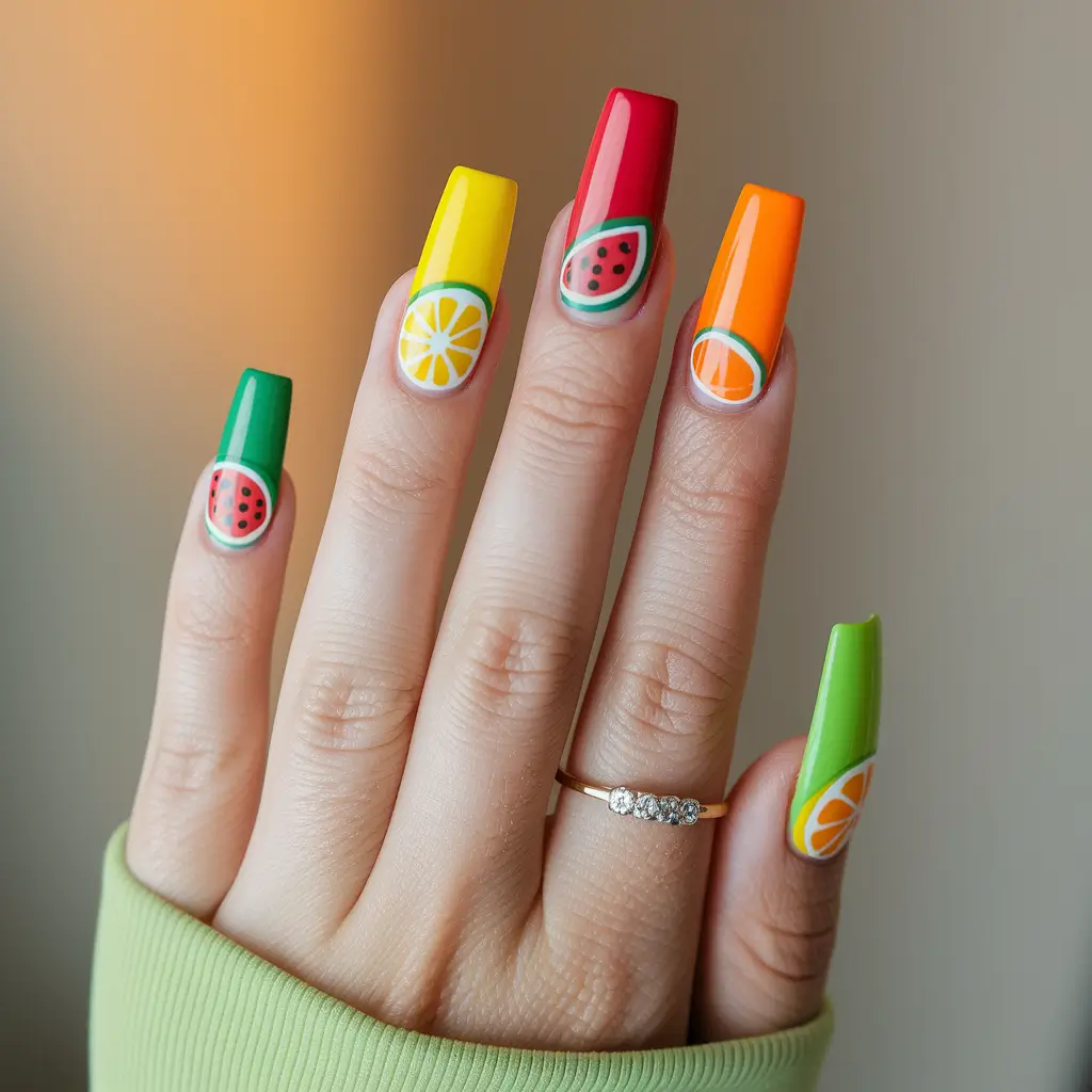 trendy summer nails ideas 2025 Summer Fruit Salad on Long Square Tips