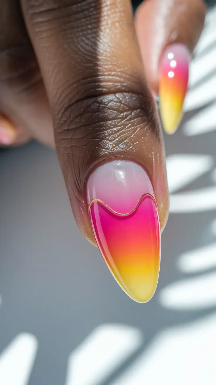 trendy summer nails ideas 2025 Sunset Ombré with a Golden Detail