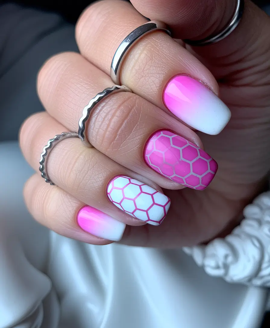 trendy summer nails ideas 2025 Bubblegum Fade Meets Geometric Pop