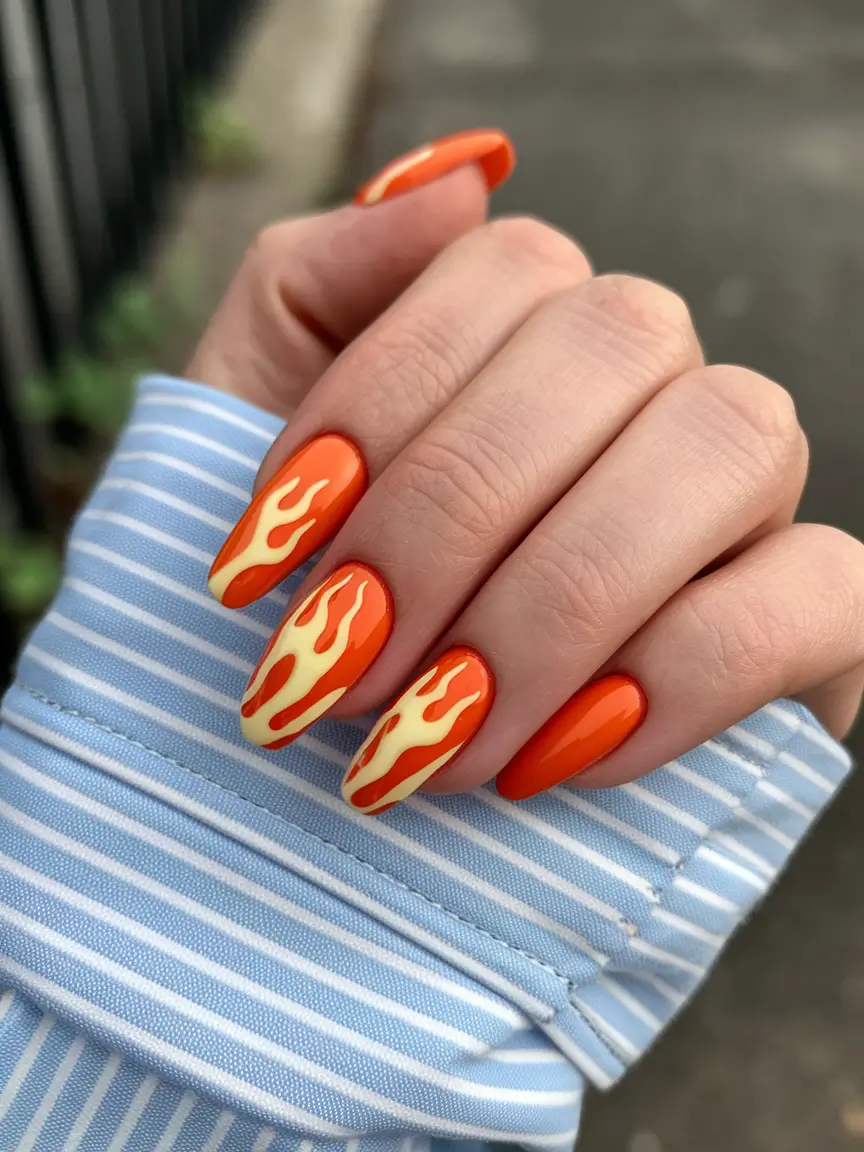 trendy summer nails ideas 2025 Orange Flames That Bring the Heat