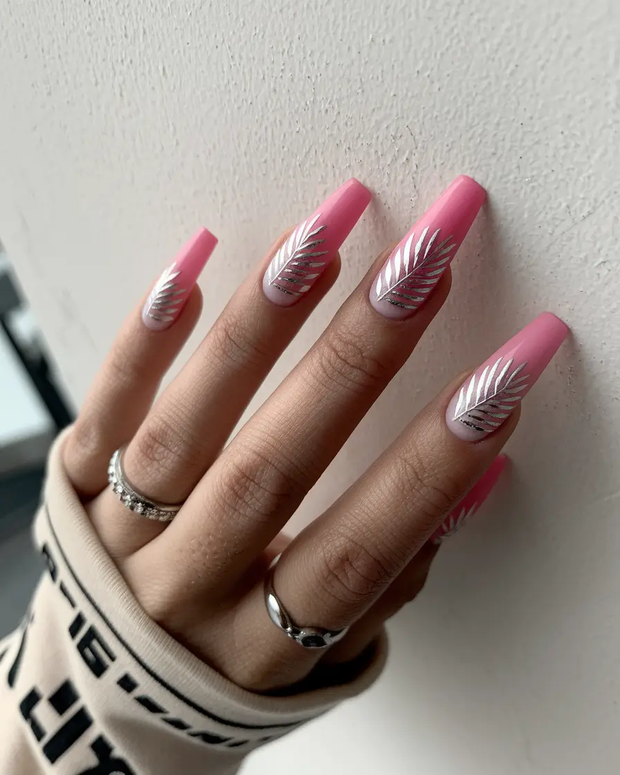 trendy summer nails ideas 2025 Foil Fronds on Pink Ballerina Nails