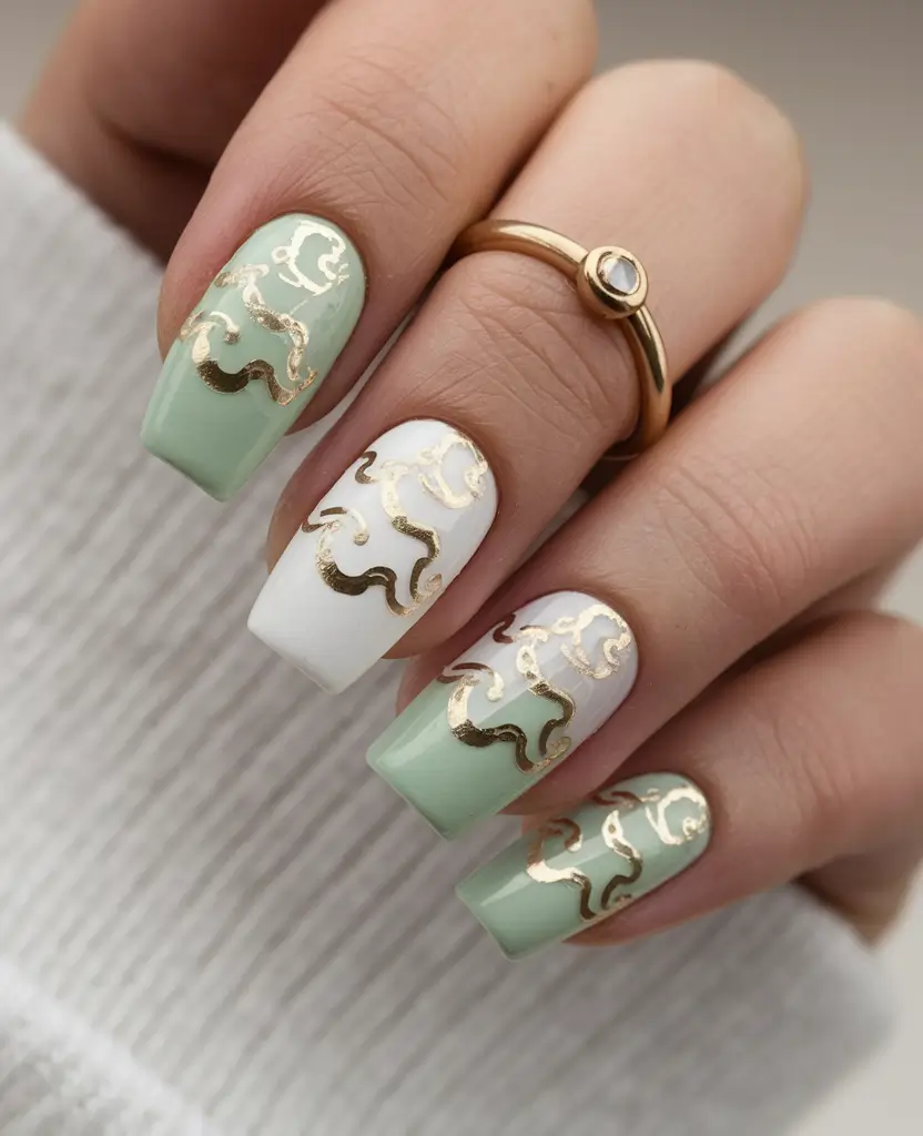 trendy summer nails ideas 2025 Mint & Gold Baroque Swirls
