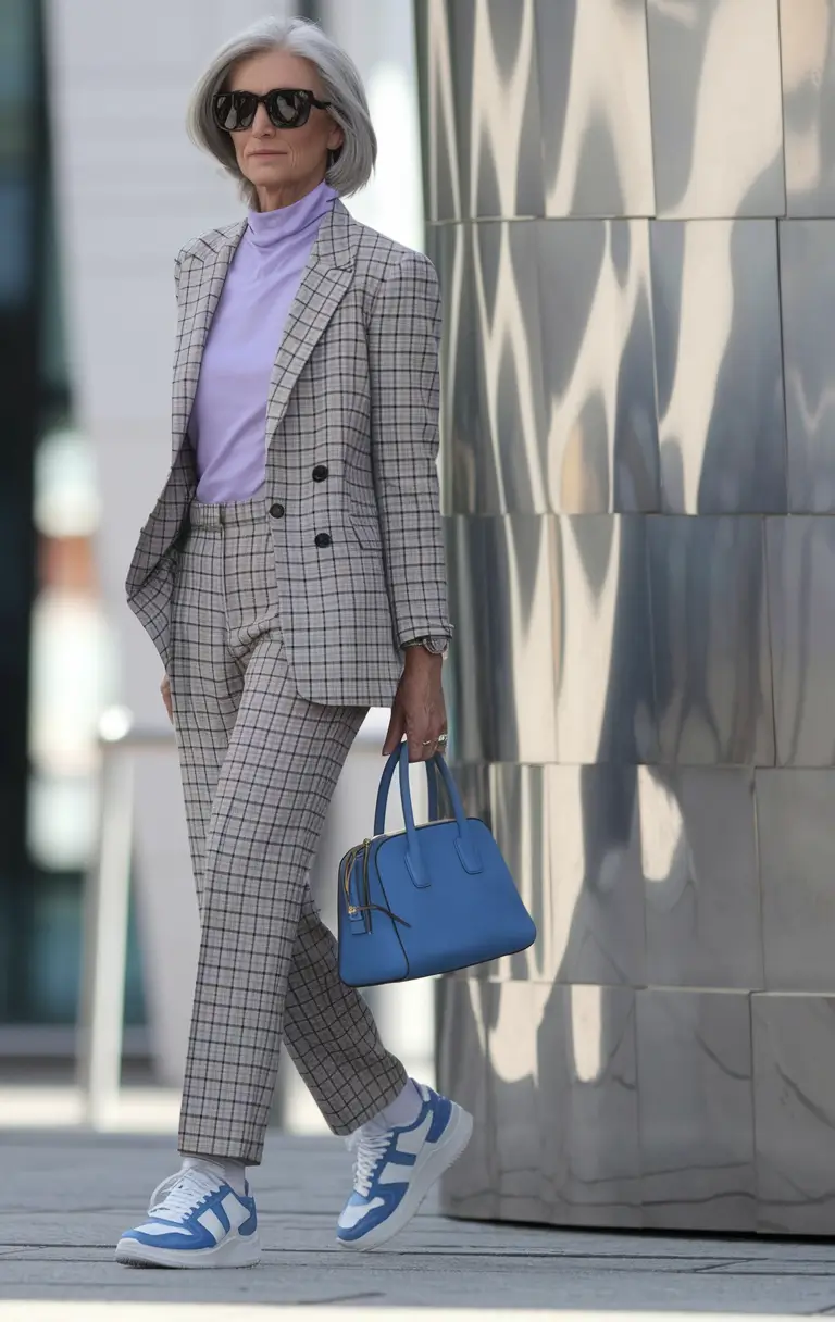 fall outfits for women over 50 casual Power Plaid Meets Sneakers for Street-Ready Cool