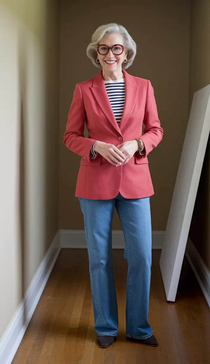 fall outfits for women over 50 classy Parisian Stripes and Coral Blazer Perfection
