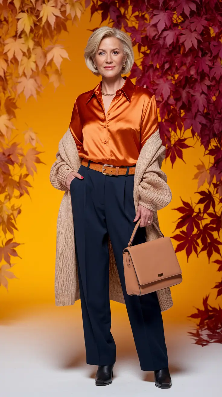 fall outfits for women over 50 2025+Burnt Orange Satin and Cozy Elegance