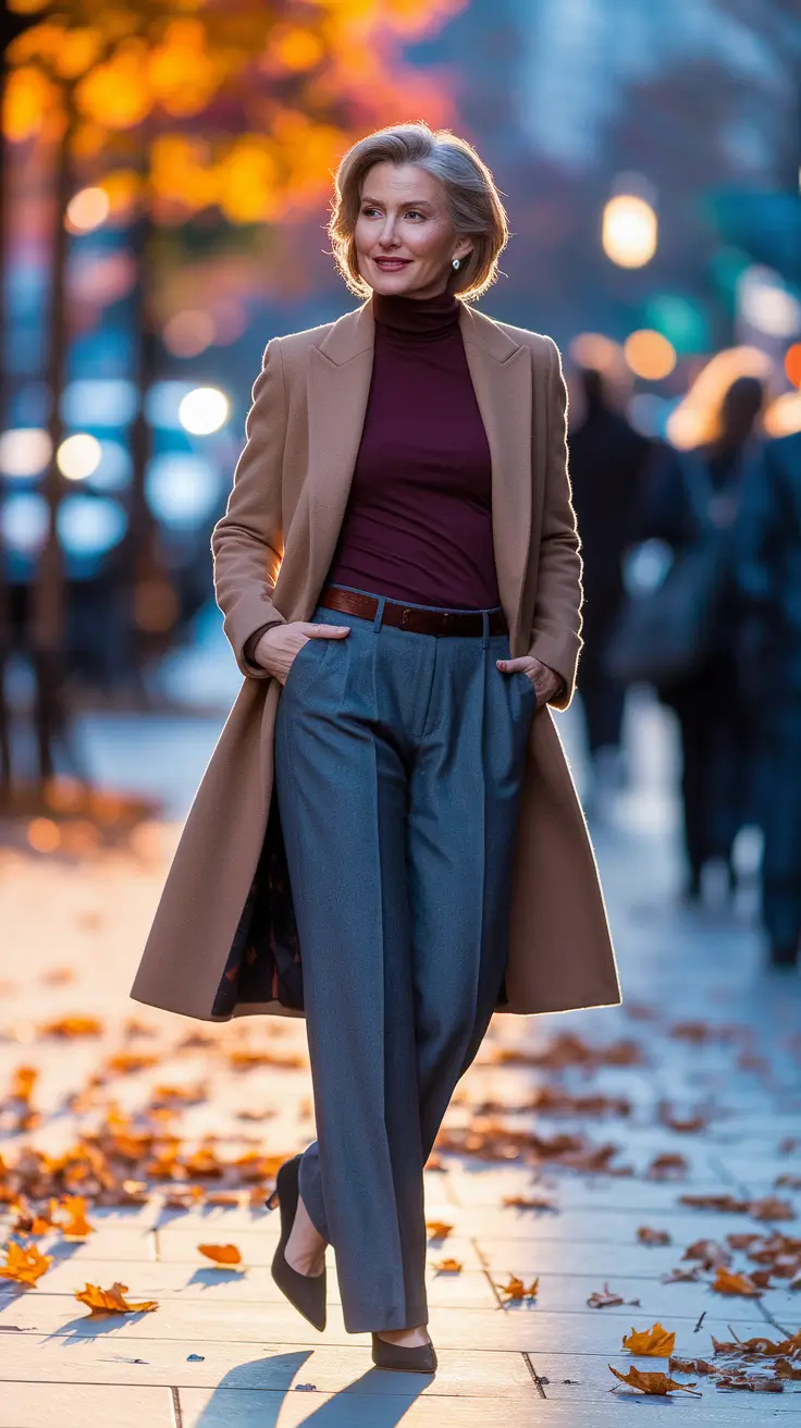 fall outfits for women over 50 plus size+Wine and Camel Tones at Dusk