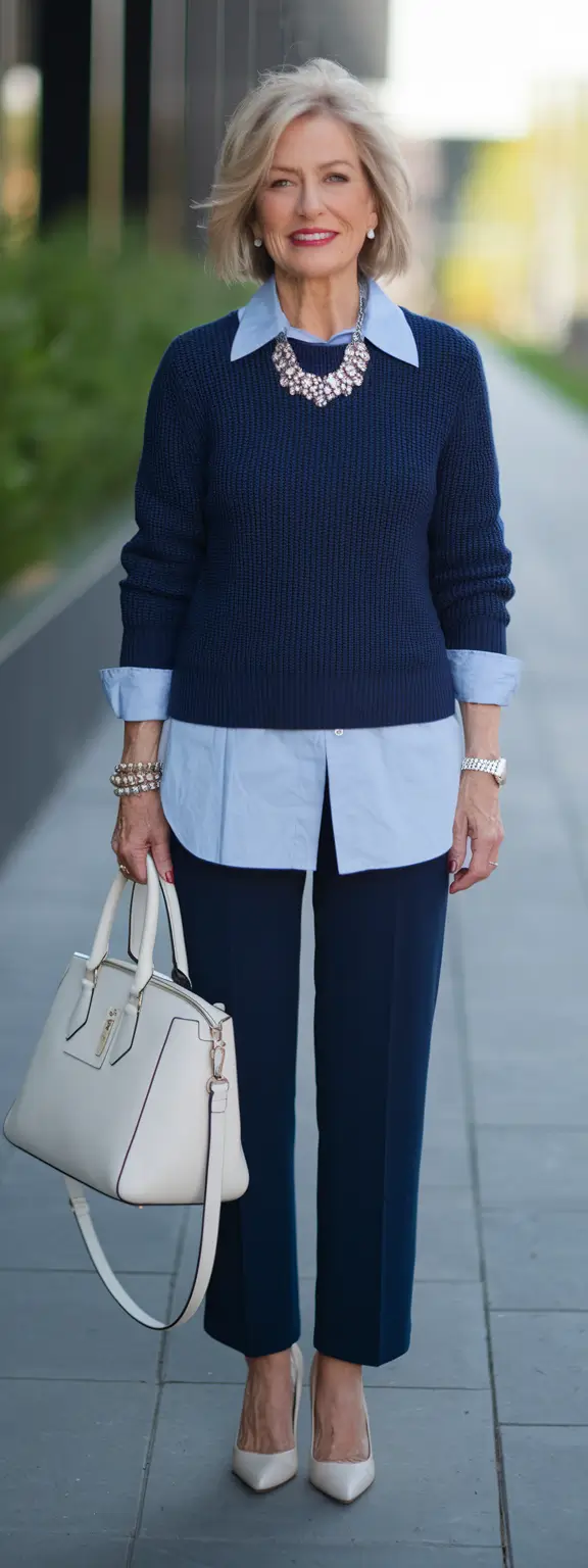 fall outfits for women over 50 classy Statement Necklace Meets Classic Blue Layers