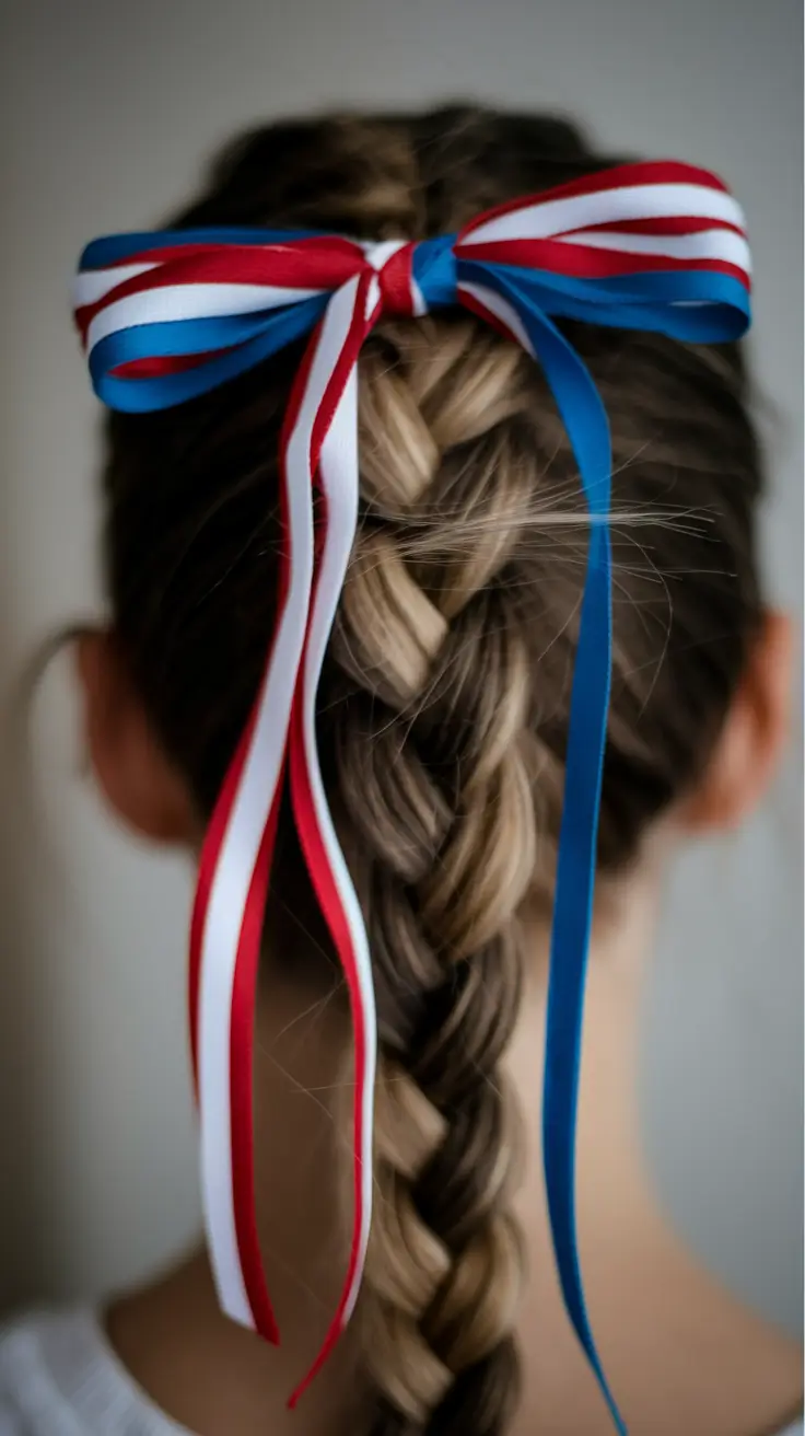 july nails ideas 2025 Classic Braid with Patriotic Ribbon Bow