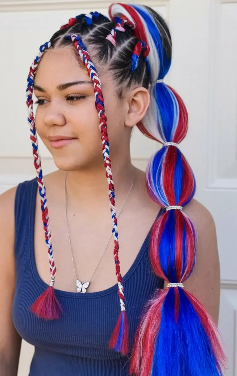 july nails ideas 2025 Firecracker Braided Ponytail with Beads