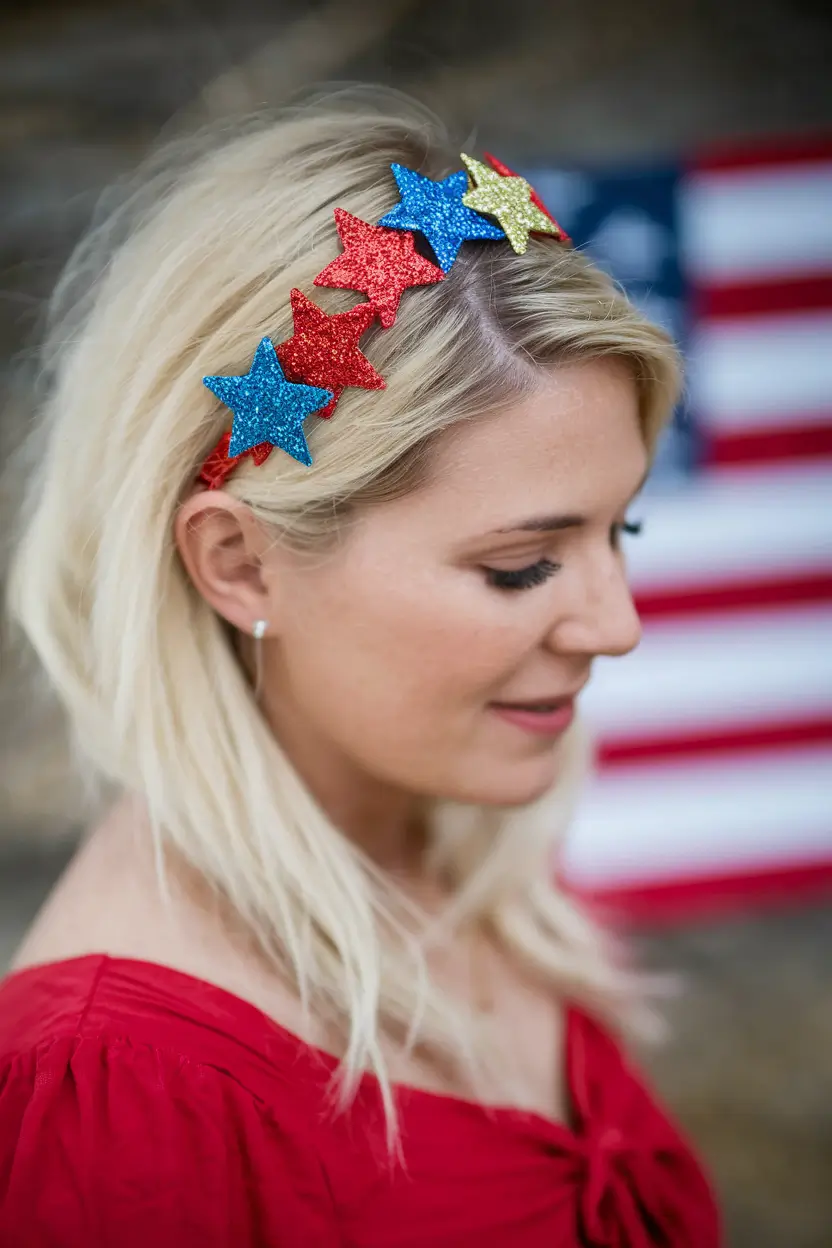july nails ideas 2025 Glitter Starburst Headband on Soft Blonde