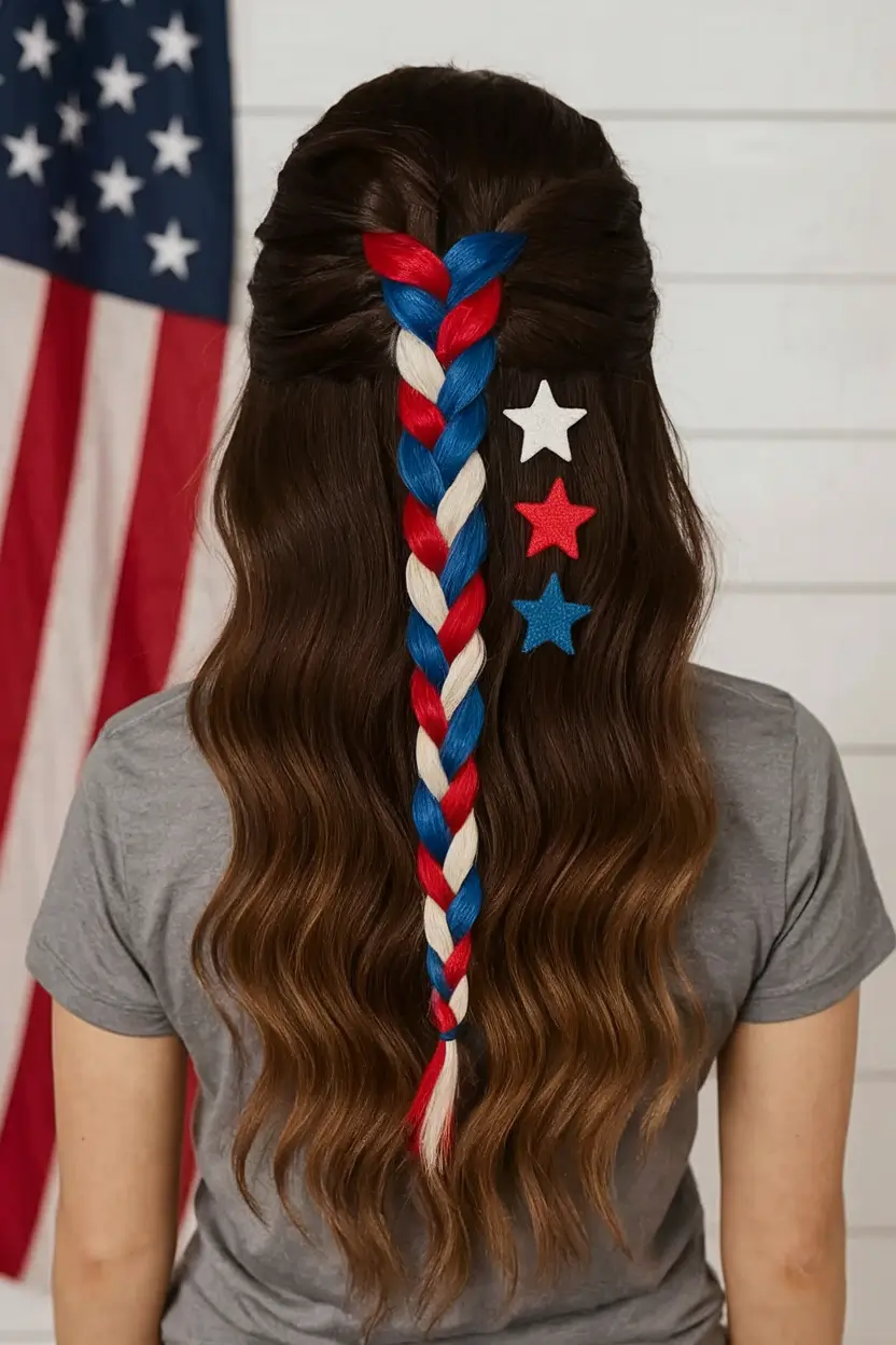 july nails ideas 2025 Three-Tone Braid with Floating Star Pins
